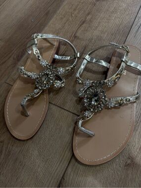 Women's Gold Jeweled T-Strap Sandals